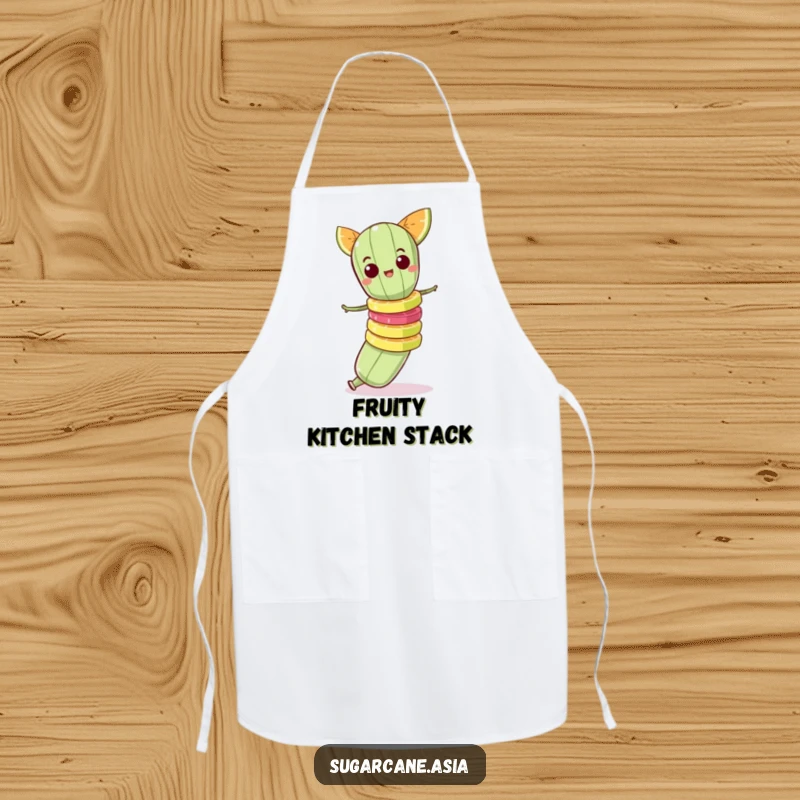 Funny apron showing a mischievous sugarcane character balancing a precarious stack of fruit slices while cooking.