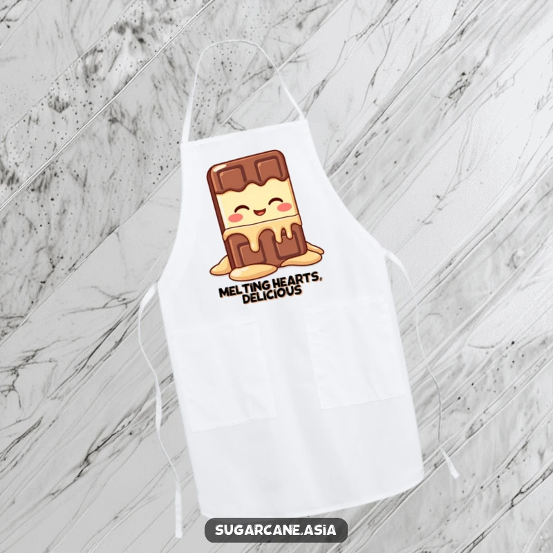 Funny Kawaii chocolate bar character melting with delight, a humorous and charming apron for the kitchen.