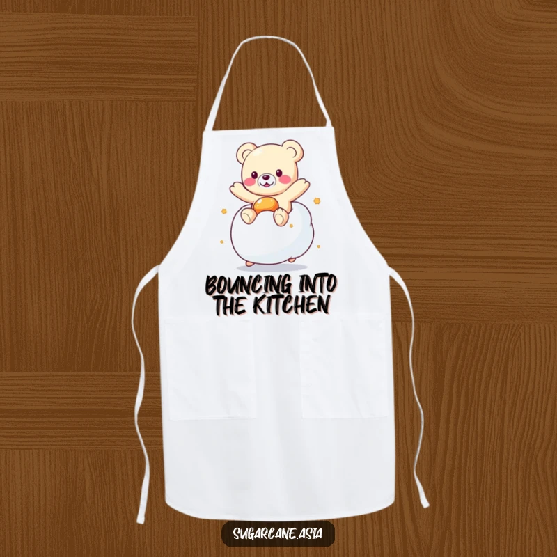 Funny Kawaii gummy bear character playfully bouncing on a marshmallow, a delightful and humorous apron design.