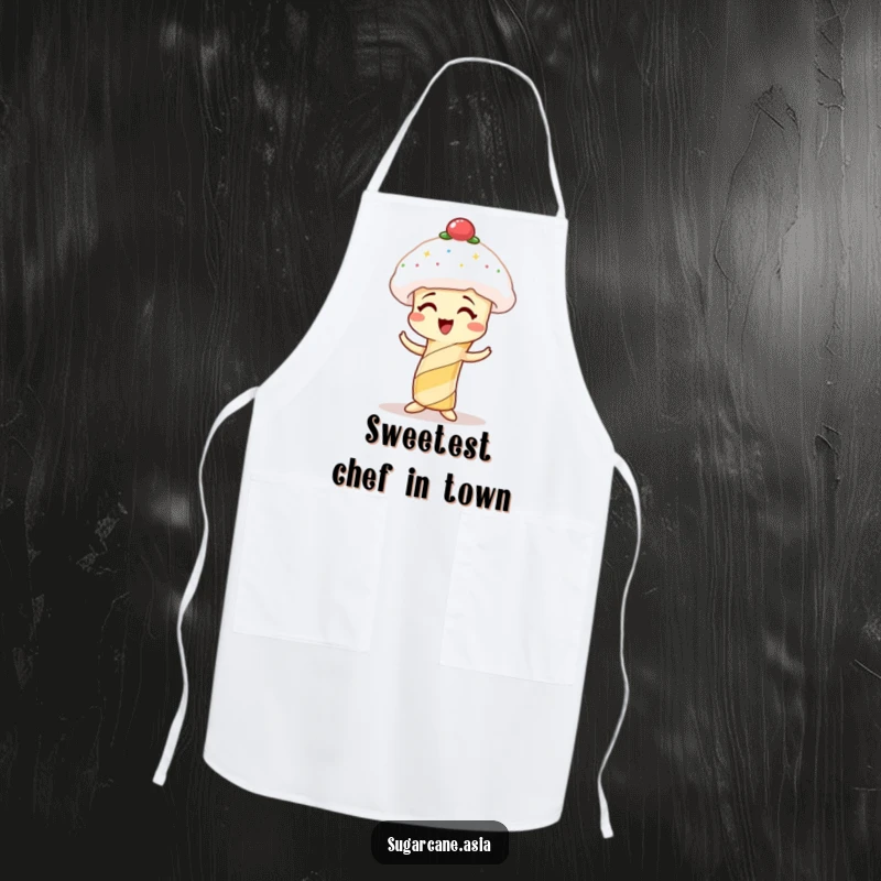 Funny apron showing a giggling sugarcane character hilariously trying to wear a spun sugar hat while cooking.