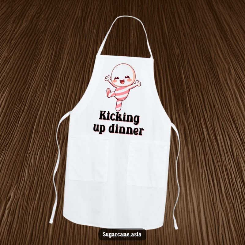 Funny Kawaii candy cane apron, joyfully doing a playful kick, adding festive fun and anime charm to kitchen activities.
