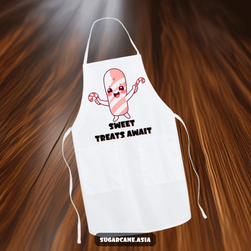Funny apron showing a cheerful sugarcane character excitedly waving a small candy cane while cooking.