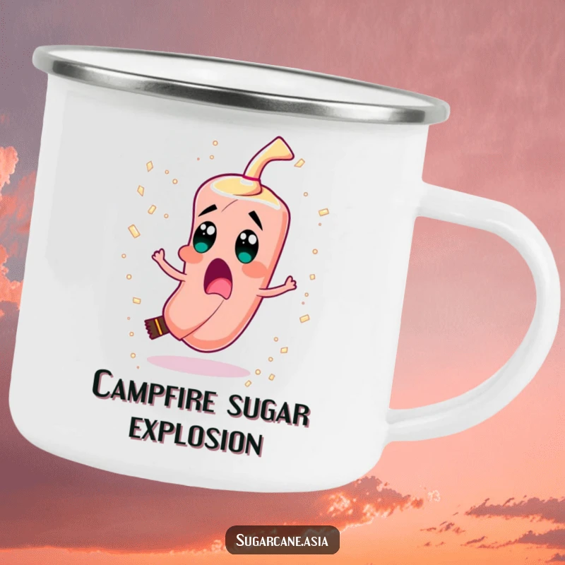 Funny camping mug with a surprised sugarcane character spinning and spilling sugar crystals like confetti.