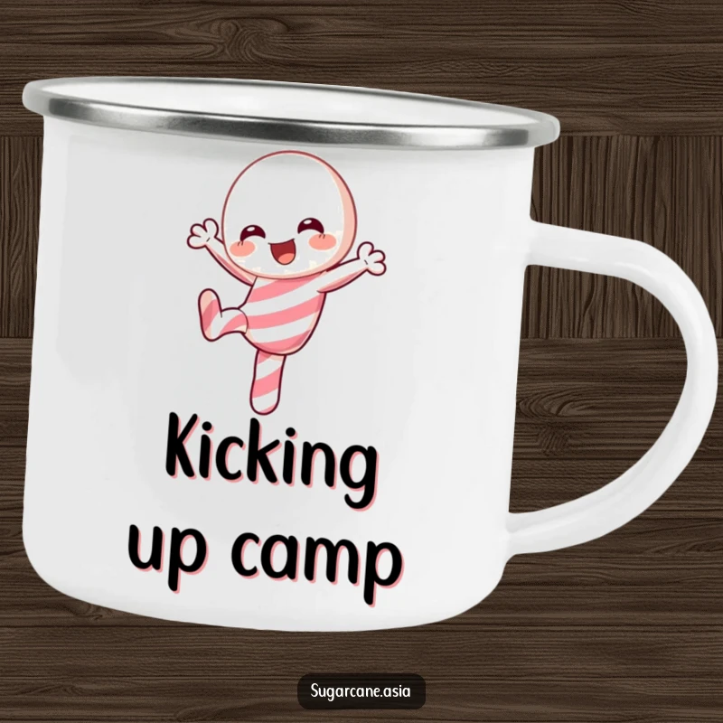 Funny Kawaii candy cane enamel camping mug, joyfully doing a playful kick, ready for festive adventures with anime charm.