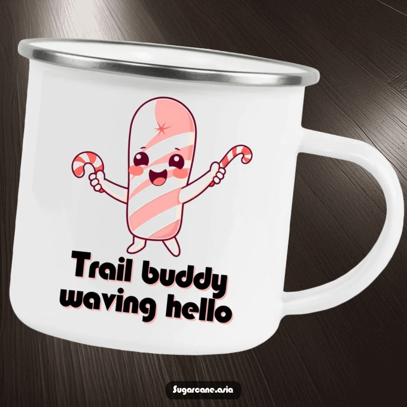 Funny camping mug with a cheerful sugarcane character happily waving a small candy cane.