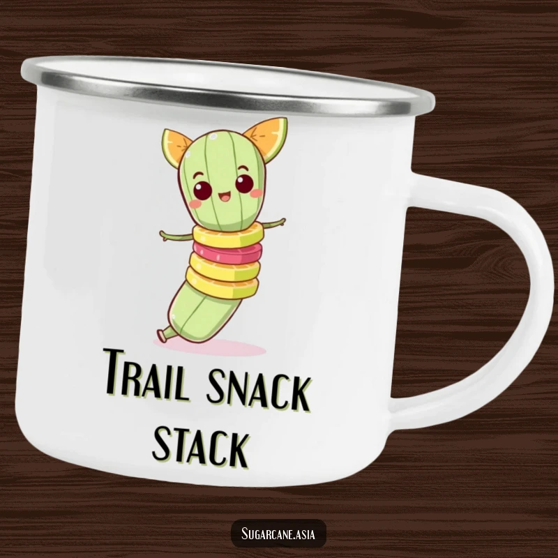 Funny camping mug with a mischievous sugarcane character balancing a precarious stack of fruit slices.