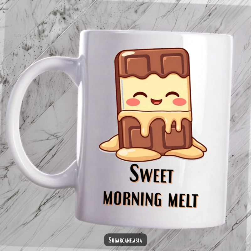 Funny Kawaii chocolate bar character with a happy expression, melting slightly with pure delight, perfect for a mug.