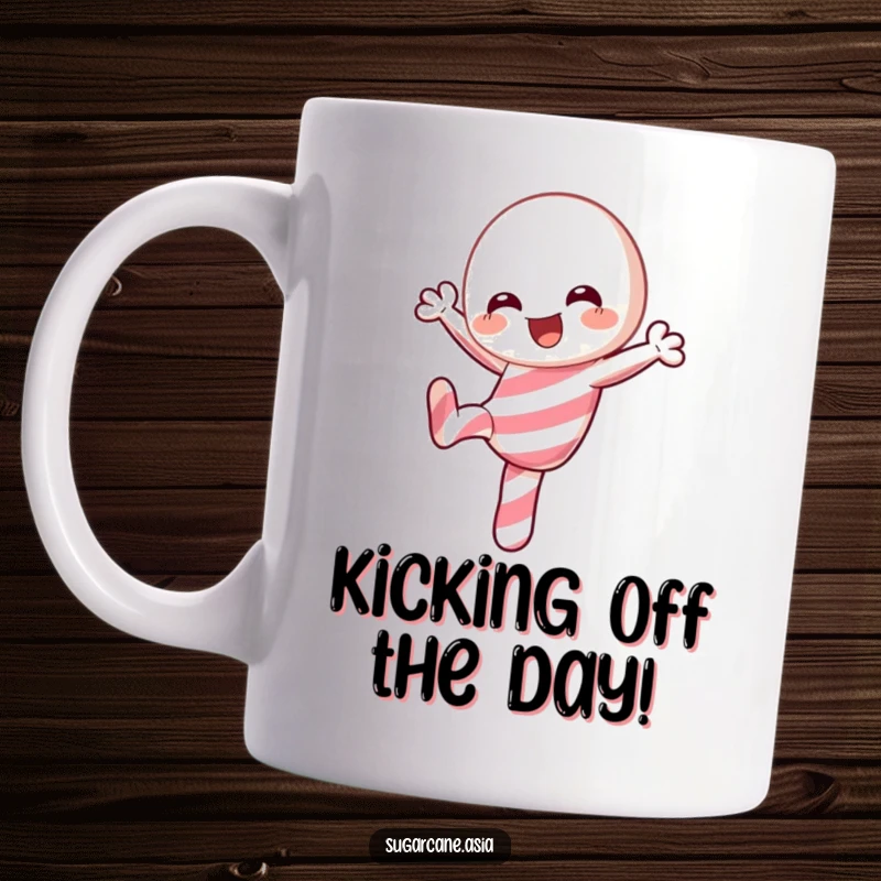 Funny Kawaii candy cane mug, joyfully performing a playful kick with festive energy, showing off its sweet and spirited personality.