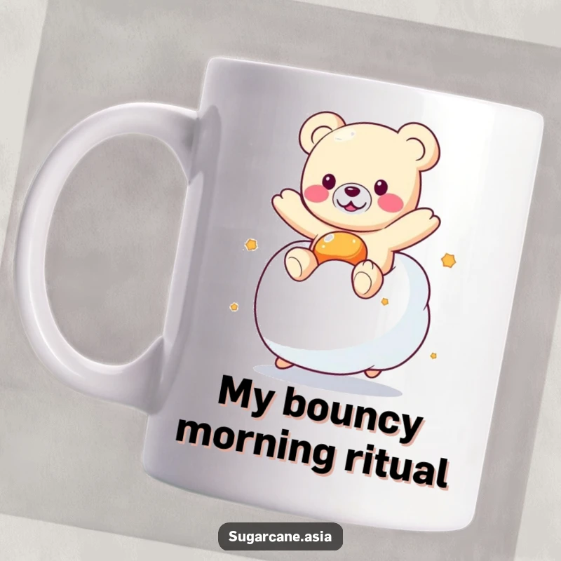 Funny Kawaii gummy bear character joyfully bouncing high on a fluffy, oversized marshmallow, bringing sweet delight.