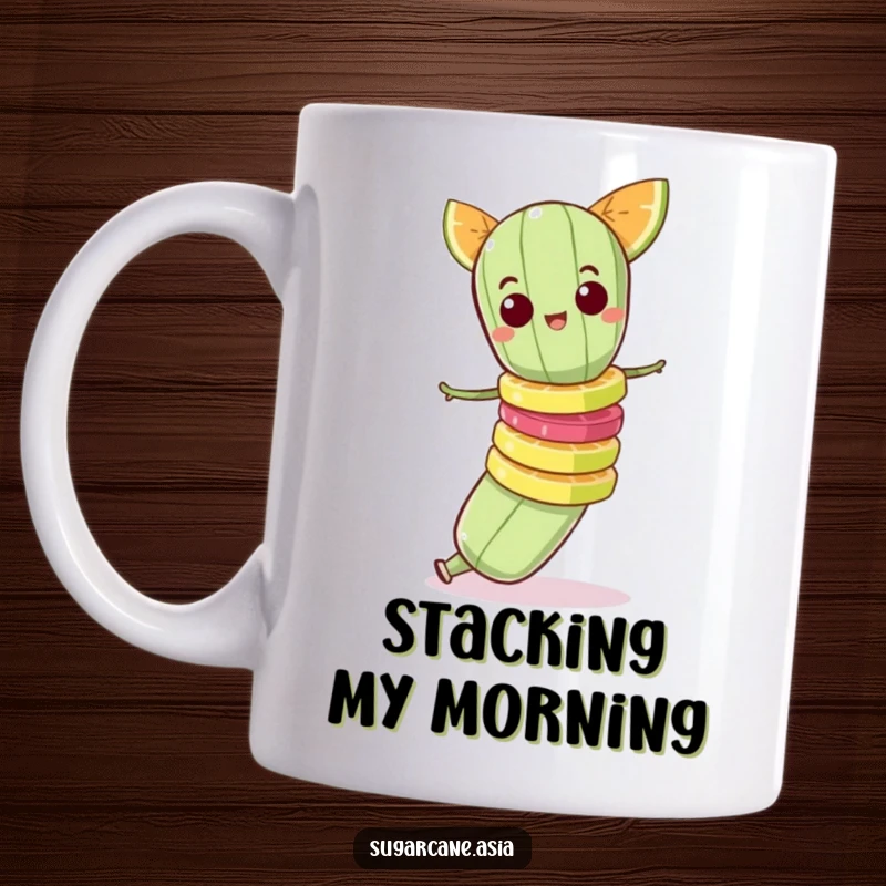 Funny mug showing a mischievous sugarcane character precariously balancing a tall stack of fruit slices.