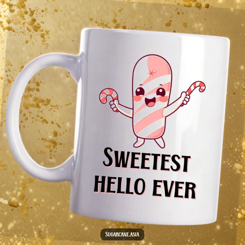 Funny mug showing a happy sugarcane character excitedly waving a small candy cane with a big smile.