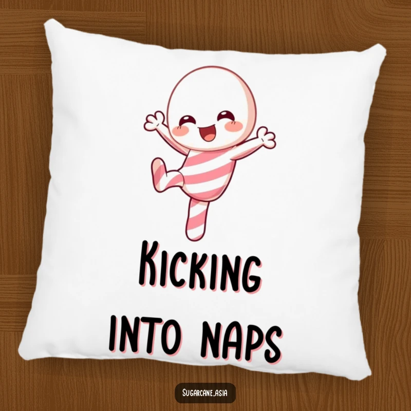 Funny Kawaii candy cane pillow, joyfully performing a playful kick, offering soft festive comfort and cute anime charm.