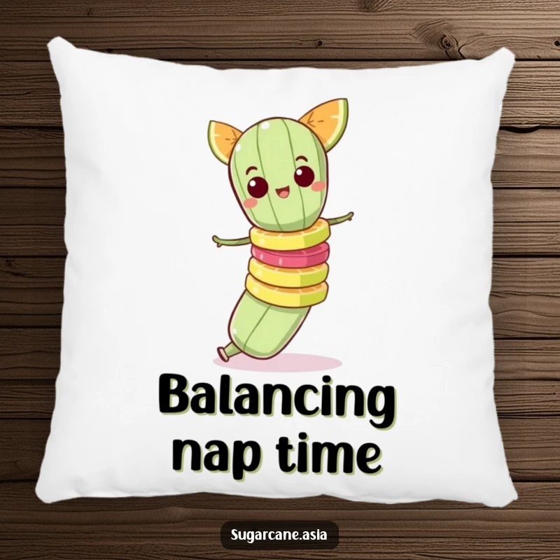 Funny pillow with a mischievous sugarcane character balancing a stack of fruit slices.