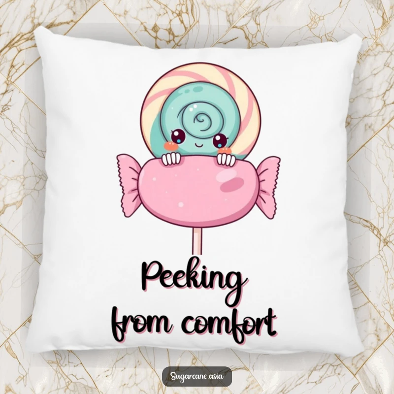 Funny Kawaii lollipop pillow, curiously peeking over a giant candy wrapper, offering sweet comfort and cute anime charm.