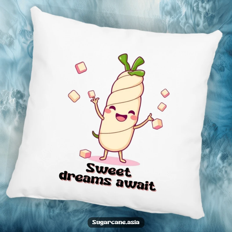 Funny Kawaii sugarcane stalk pillow, happily juggling sugar cubes, offering sweet comfort and cheerful anime charm for relaxation.