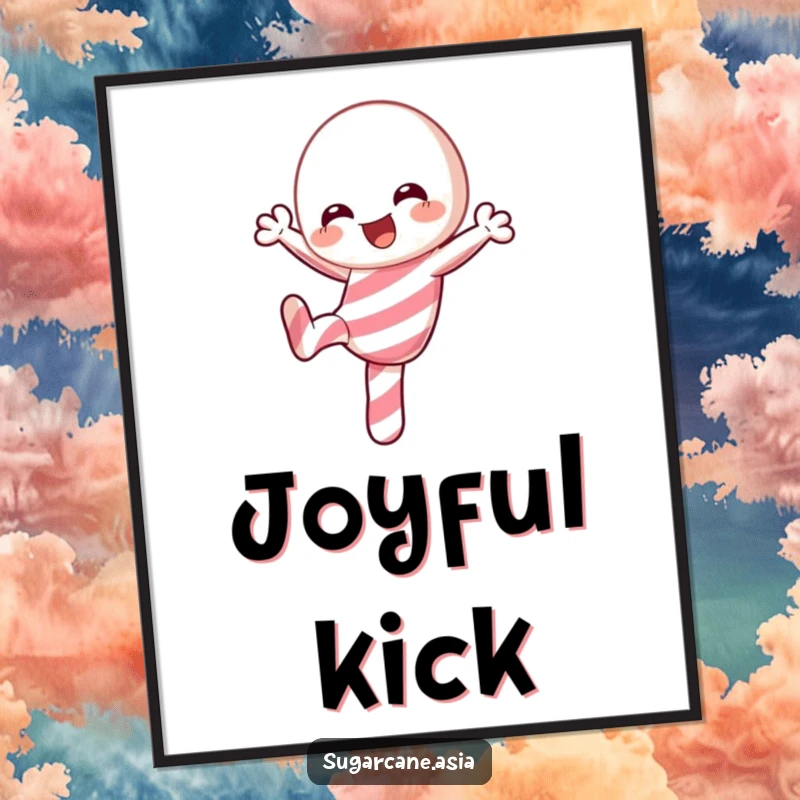 Funny Kawaii candy cane digital art print, joyfully performing a playful kick, bringing festive energy and anime charm.