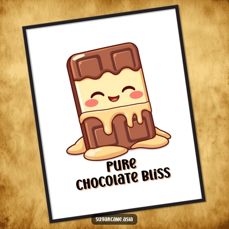 Funny Kawaii chocolate bar character blissfully melting, a high-resolution, humorous digital artwork.