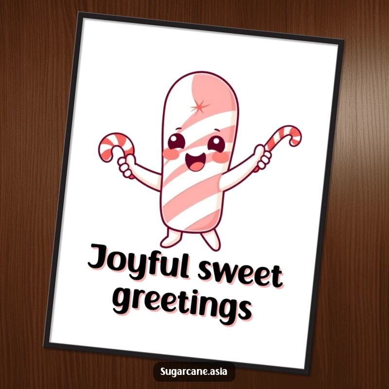 Funny digital art print of a cheerful sugarcane character excitedly waving a small candy cane.