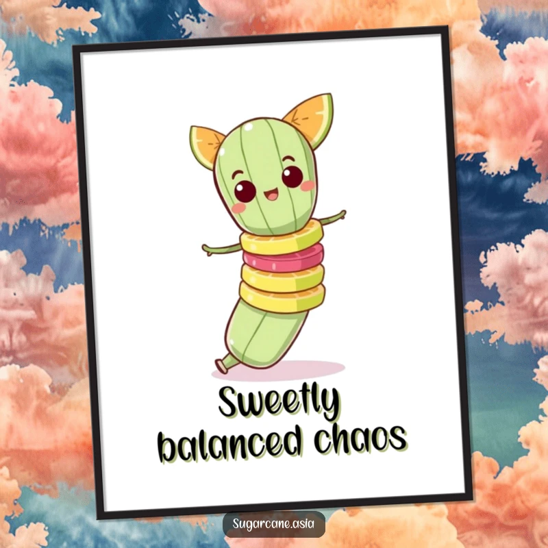 Funny digital art print of a mischievous sugarcane character precariously balancing a stack of fruit slices.