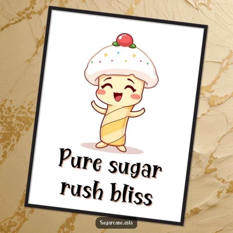 Funny digital art print of a giggling sugarcane character hilariously attempting to wear a spun sugar hat.