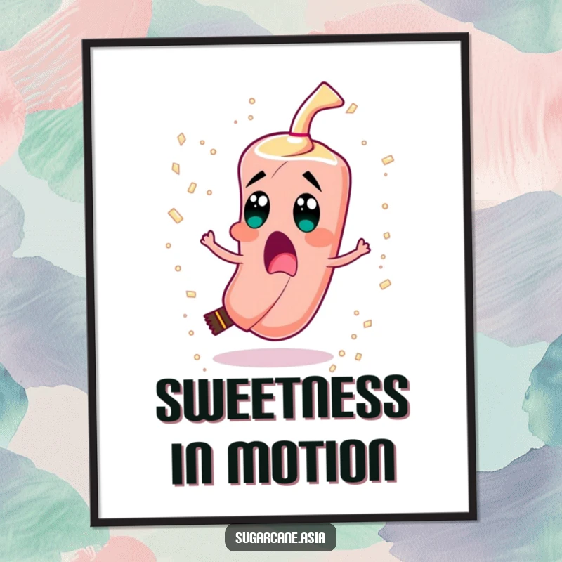 Funny digital art print showing a surprised sugarcane character spinning wildly and spilling sugar crystals like confetti.