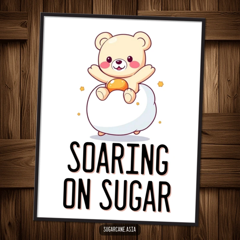 Funny Kawaii gummy bear character mid-bounce on a fluffy marshmallow, a high-resolution, humorous digital artwork.