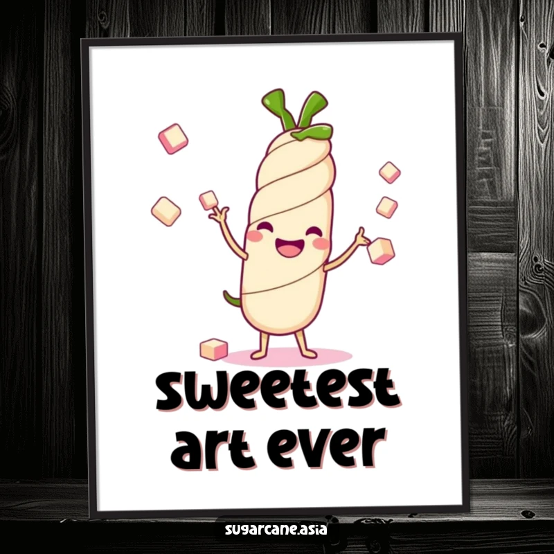 Funny Kawaii sugarcane stalk digital art print, cheerfully juggling sugar cubes, radiating sweet energy and happy anime charm.