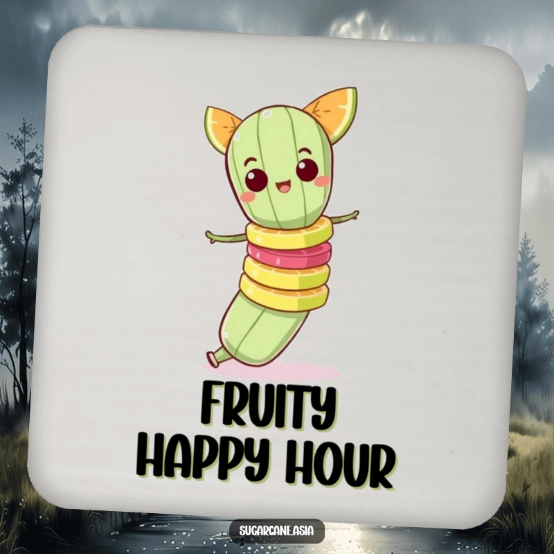 Funny coaster of a mischievous sugarcane character balancing a precarious stack of fruit slices.