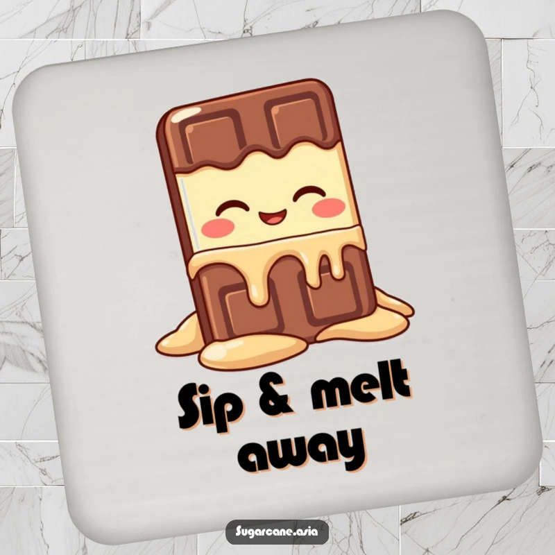 Funny Kawaii chocolate bar character melting delightfully, a cute and humorous drink coaster.