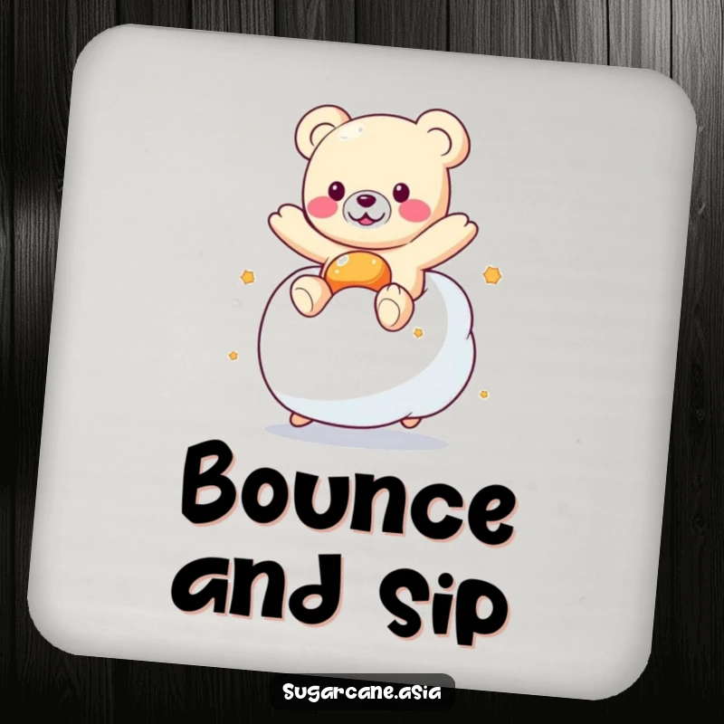 Funny Kawaii gummy bear character bouncing on a marshmallow, a cute and humorous drink coaster.