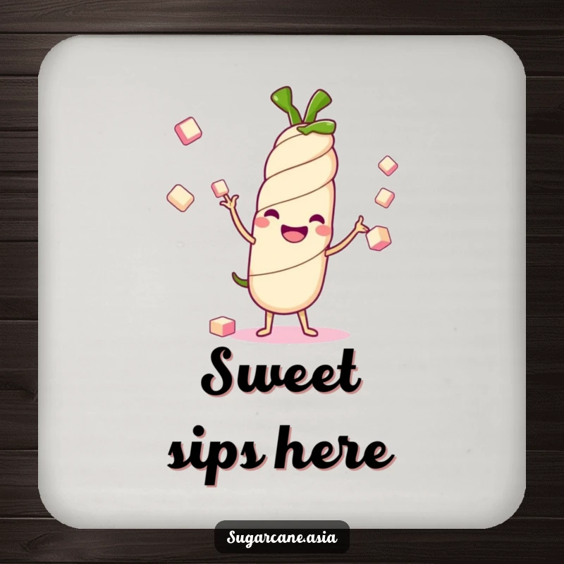 Funny Kawaii sugarcane stalk drink coaster, cheerfully juggling sugar cubes, offering sweet protection with anime charm for tables.
