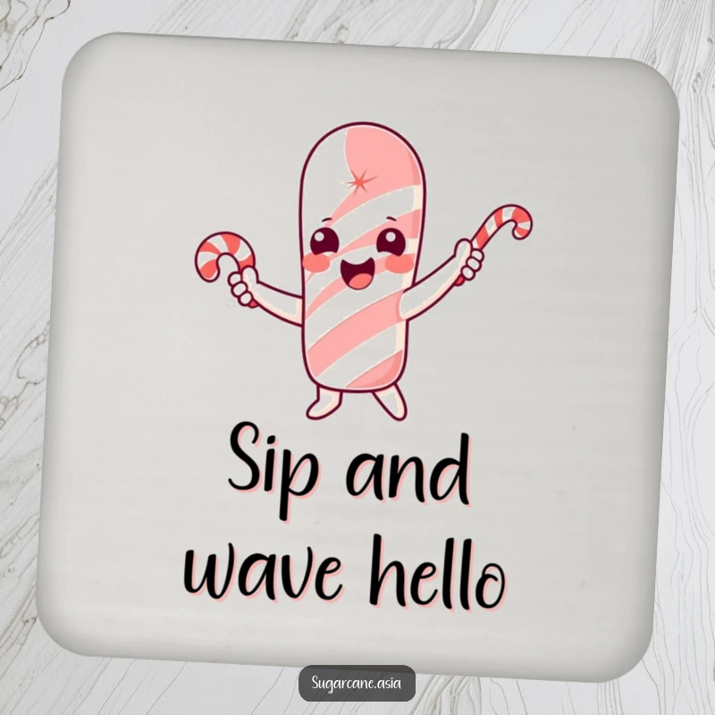 Funny coaster of a cheerful sugarcane character happily waving a tiny candy cane.