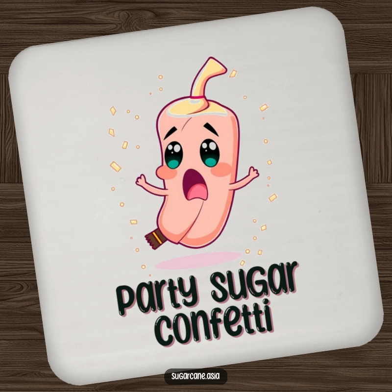 Funny coaster of a surprised sugarcane character spinning rapidly, spilling sugar crystals like confetti.