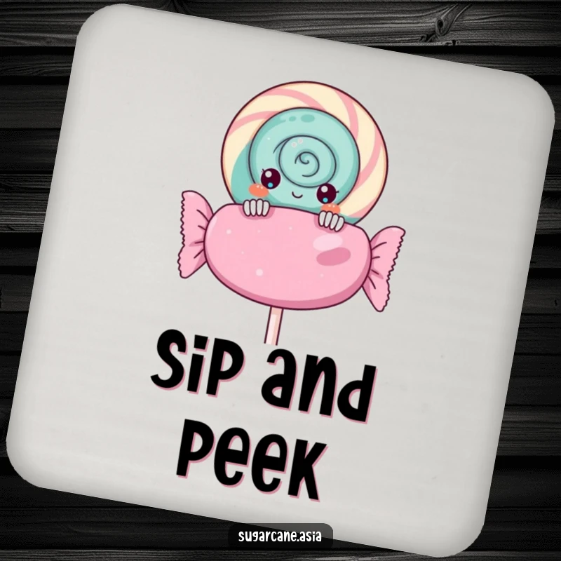 Funny Kawaii lollipop drink coaster, curiously peeking over a giant candy wrapper, offering sweet protection with anime charm for tables.