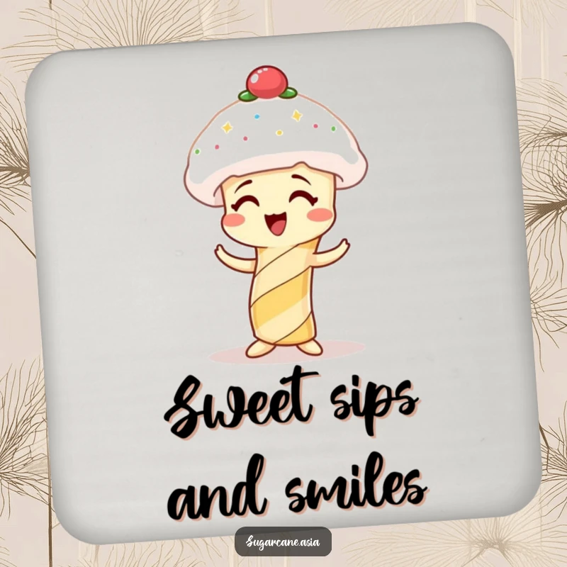 Funny coaster showcasing a giggling sugarcane character humorously wearing a spun sugar hat.