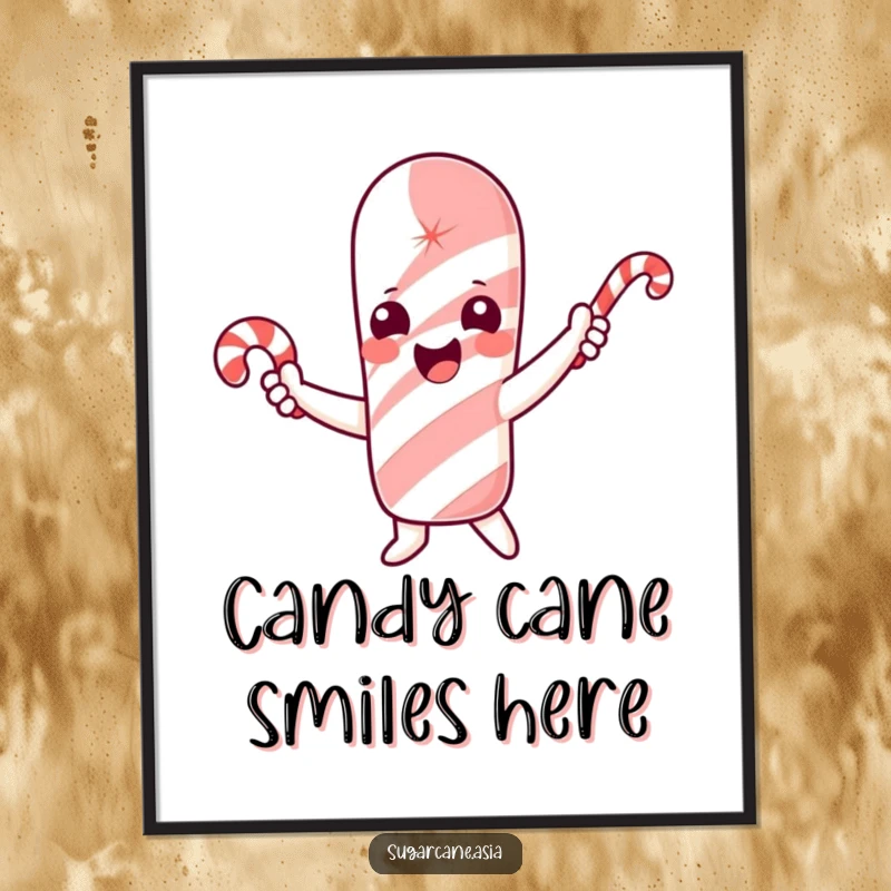 Funny poster of a cheerful sugarcane character happily waving a small candy cane.