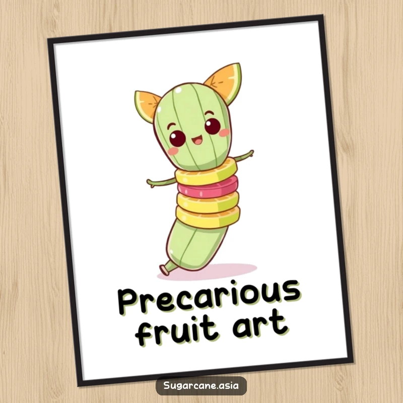 Funny poster of a mischievous sugarcane character precariously balancing a stack of small fruit slices.