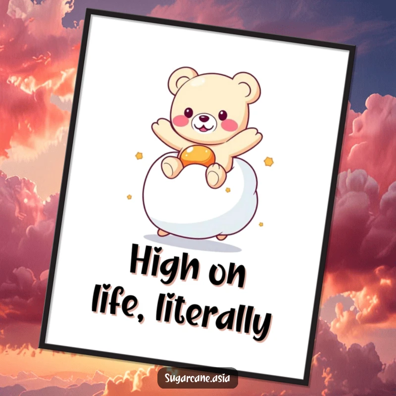 Funny Kawaii gummy bear character in a fun pose, bouncing on a soft marshmallow, bringing sweet, humorous vibes.