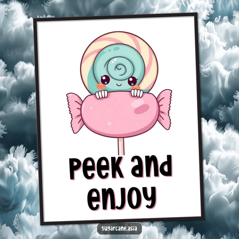 Funny Kawaii lollipop poster, curiously peeking over a giant candy wrapper, capturing sweet mischief and anime charm on your wall.