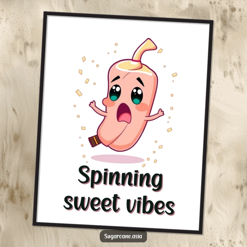 Funny poster of a surprised sugarcane character spinning rapidly, releasing a shower of sugar crystals like confetti.