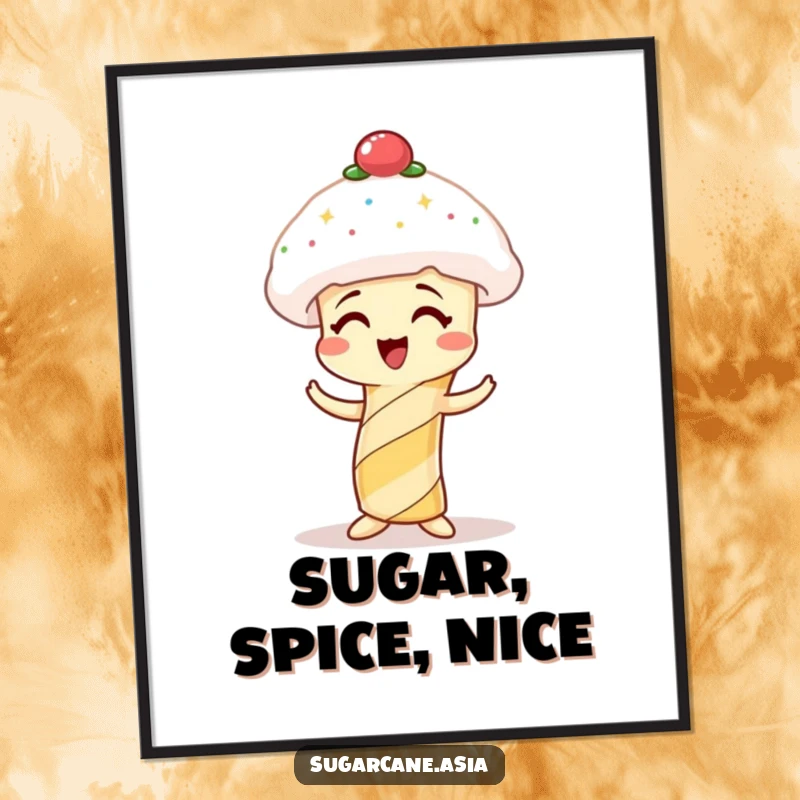 Funny poster of a giggling sugarcane character humorously struggling to place a spun sugar hat on its head.