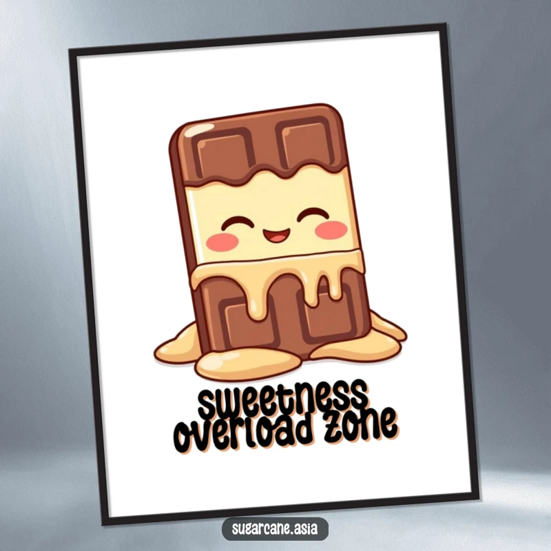 Funny Kawaii chocolate bar character in a state of blissful melting, perfect for a humorous and sweet art print.