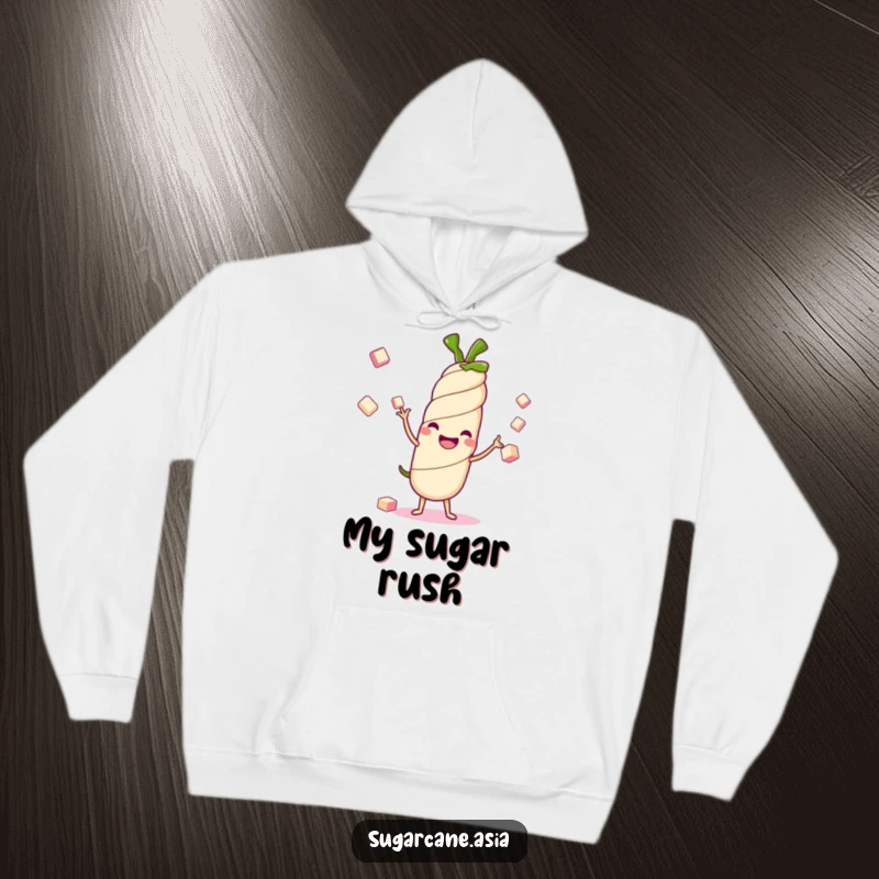 Funny Kawaii sugarcane stalk hoodie, happily juggling sugar cubes, radiating warmth, sweetness, and cheerful anime energy.