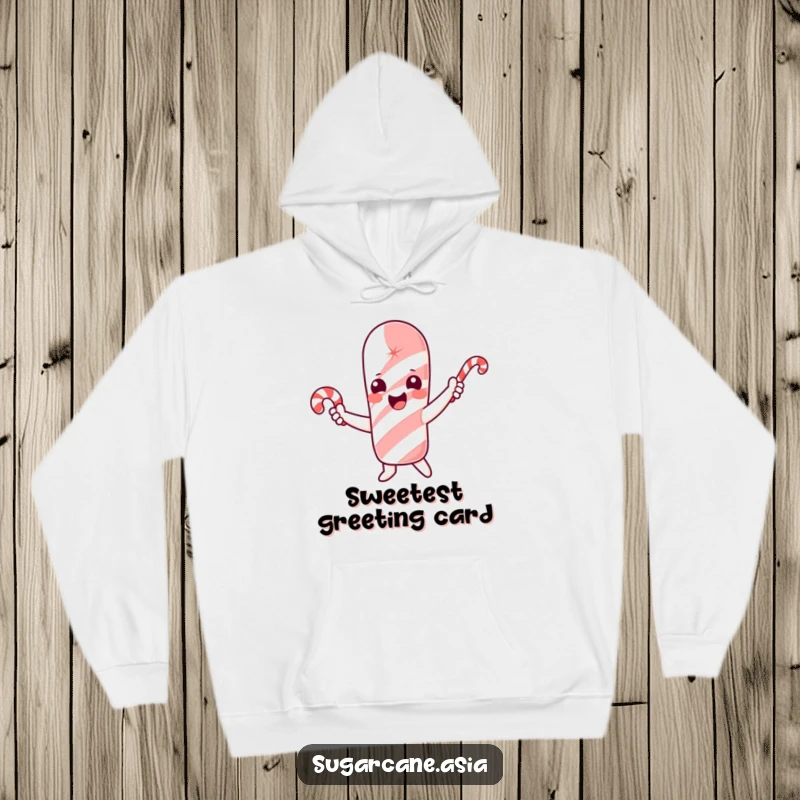 Funny hoodie with a cheerful sugarcane character joyfully waving a small candy cane.