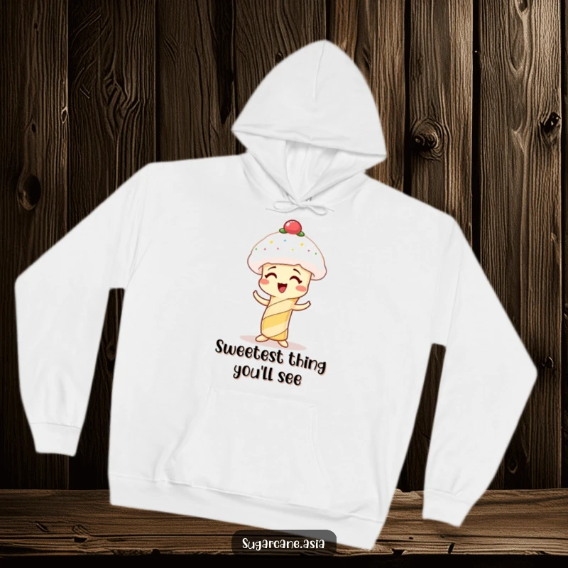 Funny hoodie depicting a very happy sugarcane character trying to wear a whimsical spun sugar hat.