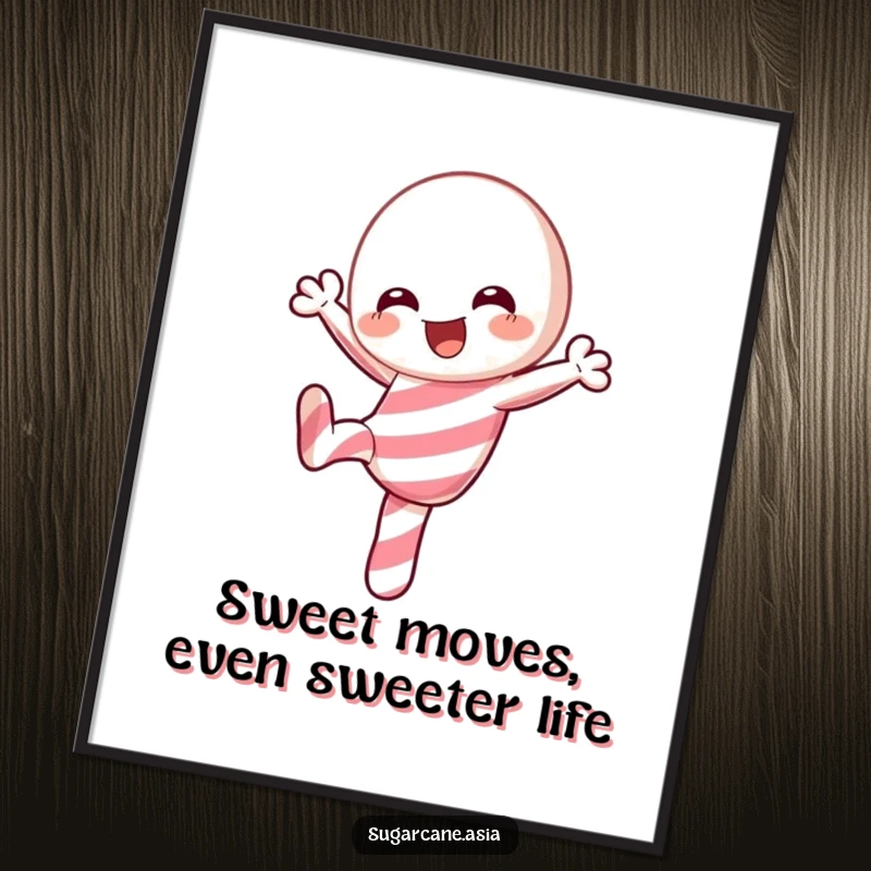 Funny Free Printable Wall Art depicting a lively Kawaii candy cane character performing an exuberant, playful kick.