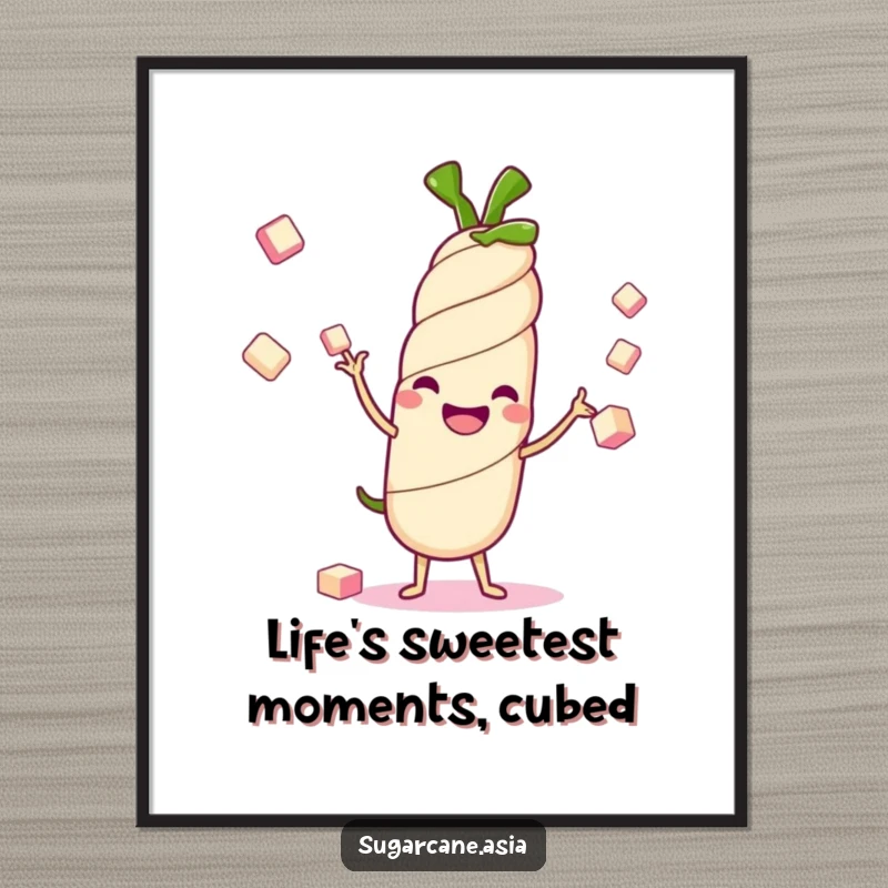 Funny Free Printable Wall Art showcasing a cheerful Kawaii sugarcane stalk character skillfully juggling small, glistening sugar cubes.