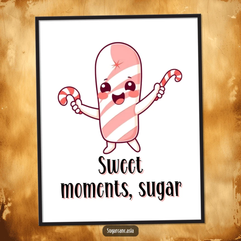 Funny Free Printable wall art of a cheerful sugarcane character enthusiastically waving a small candy cane like a greeting.