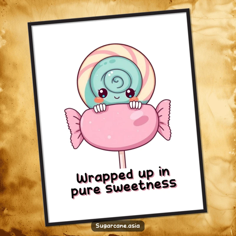 Funny Free Printable Wall Art depicting a curious Kawaii lollipop character peeking inquisitively over the edge of a giant, colorful candy wrapper.