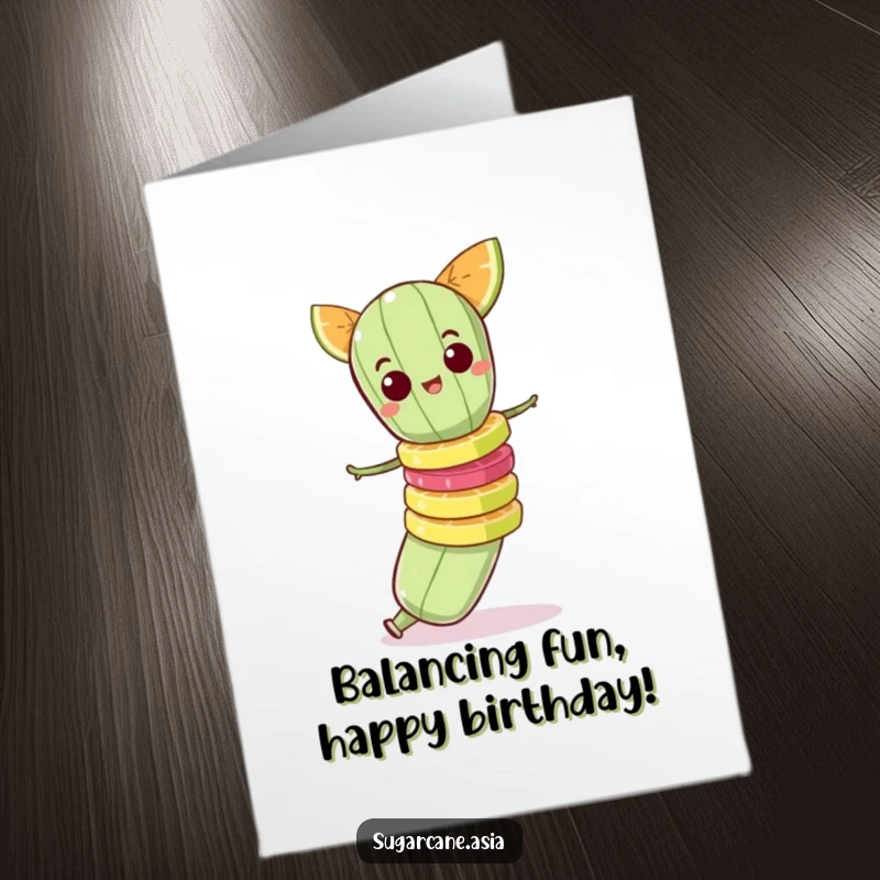Funny Free Printable birthday card showing a mischievous sugarcane character precariously balancing a stack of fruit slices.